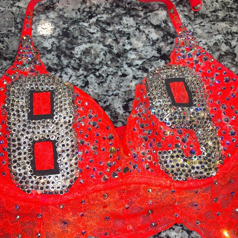 Bright orange custom dance/ audition bra Swarovski crystals